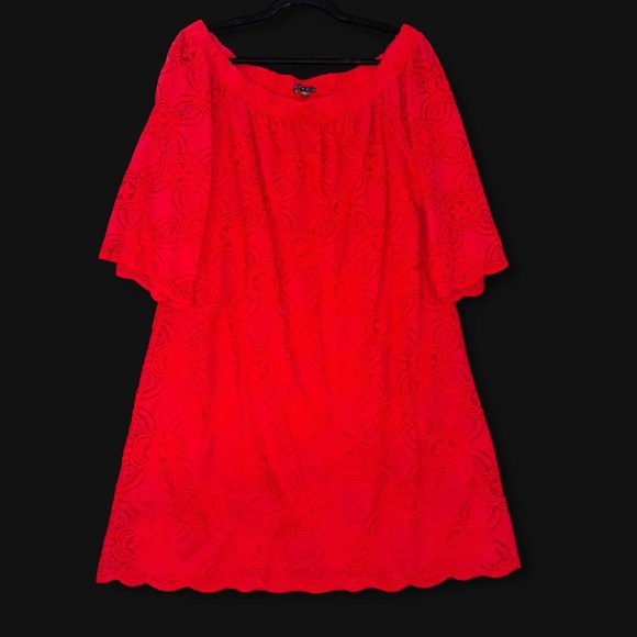 Tiana B. Dresses & Skirts - Tiana B Red Lace Shift Dress Size 14 Bell Sleeve Off Shoulder Cocktail